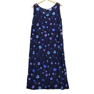 90s Vintage R&K Original Woman Dress Rayon 2X Navy Blue Floral Tie Back‎